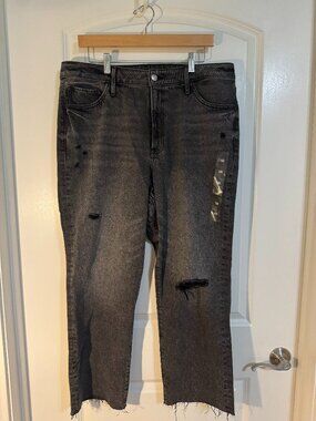 Express - Black Ripped High-Rise Straight Ankle Jeans - Size 14R